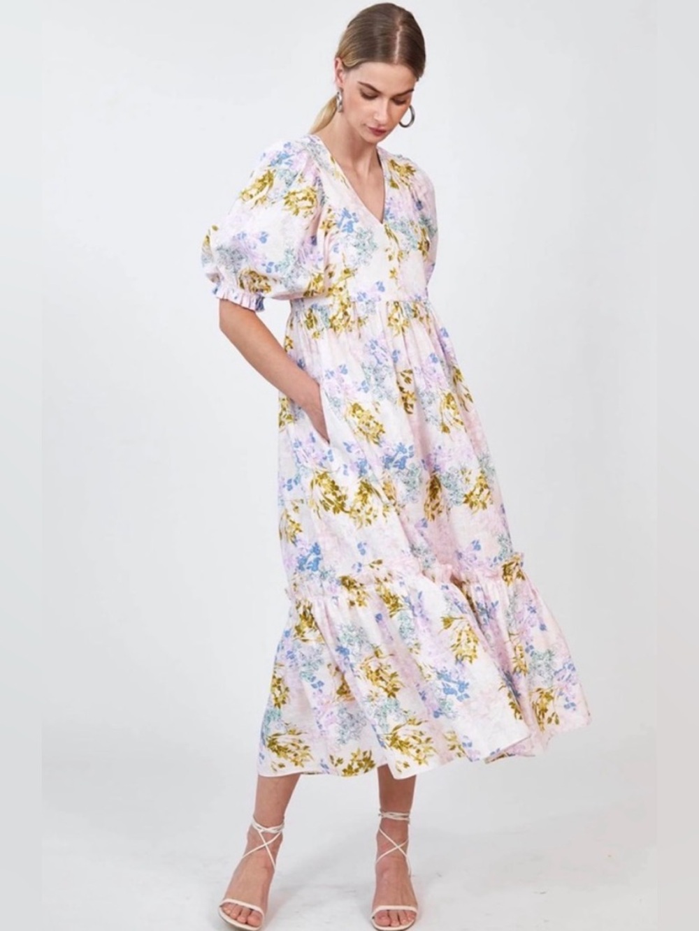 B44 Hunter Bell Palmer Maxi Dress XS Floral Puff Sleeve Flowy Garden Party